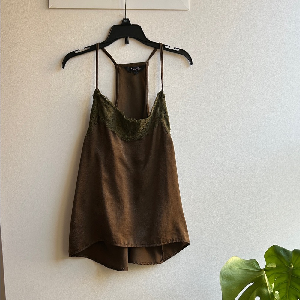 Amaryllis Olive Brown Lace Trim Cami Top